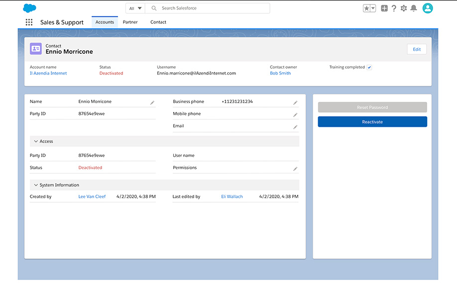 Viasat partner sales portal screens built in Salesforce showing details of a single contact